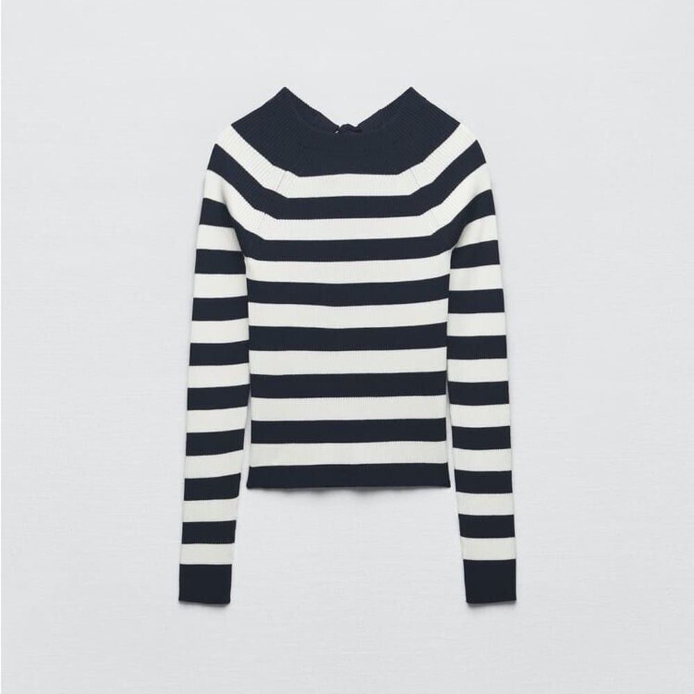 Zara Black and White Striped Crew Neck Sweater